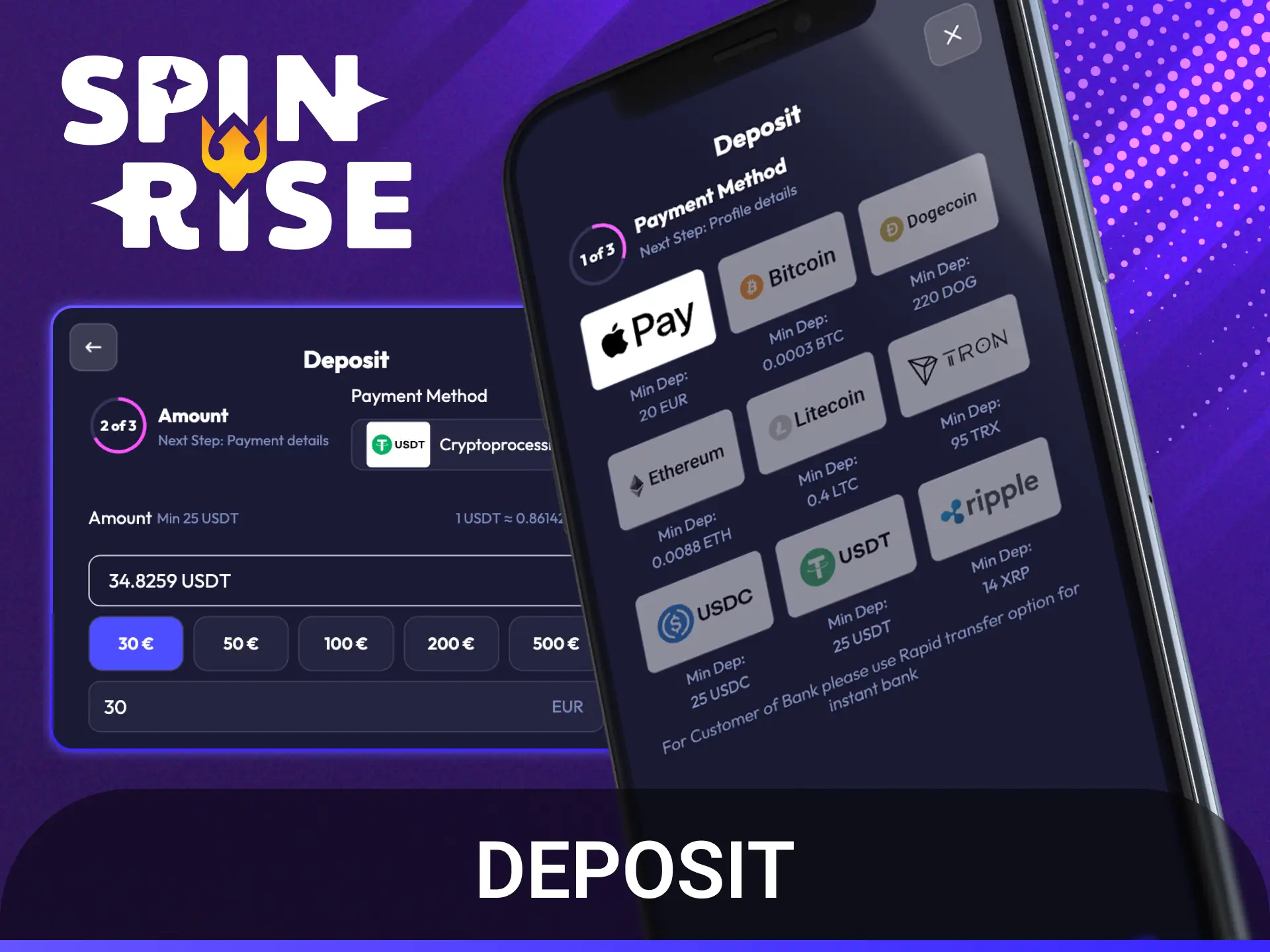 Follow simple steps to deposit money quickly using the Spinrise app banking option.