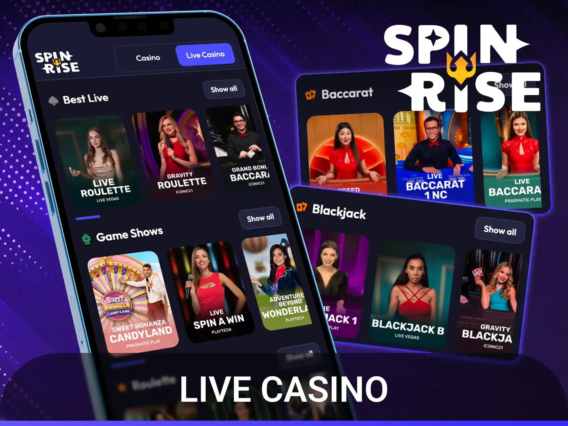 Enjoy playing real dealer games directly on the Spinrise live casino app.