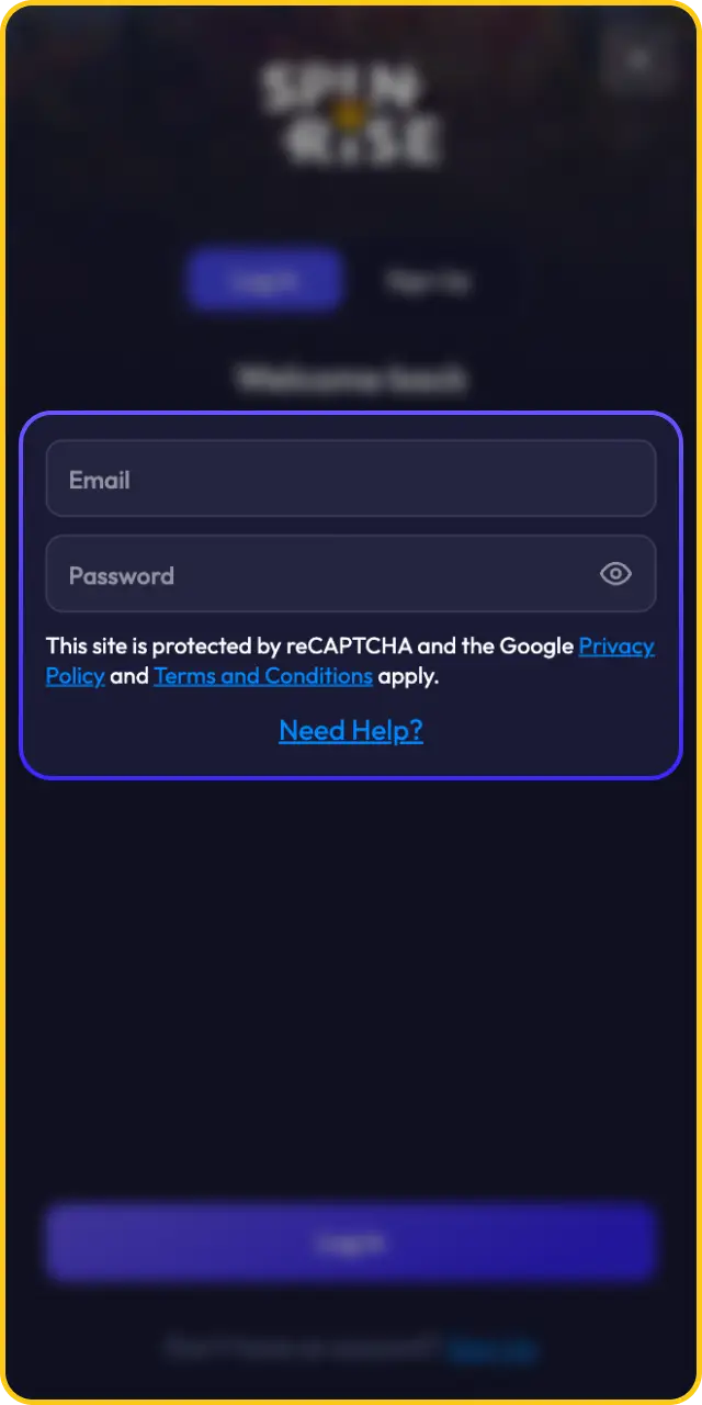 Sign in or register during the Spinrise app install setup to continue.