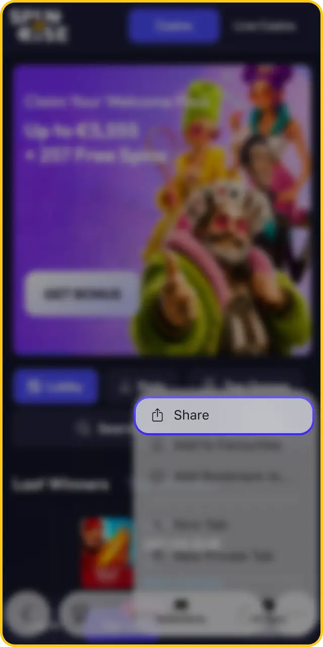 Use the browser menu to proceed with the Spinrise app install procedure.