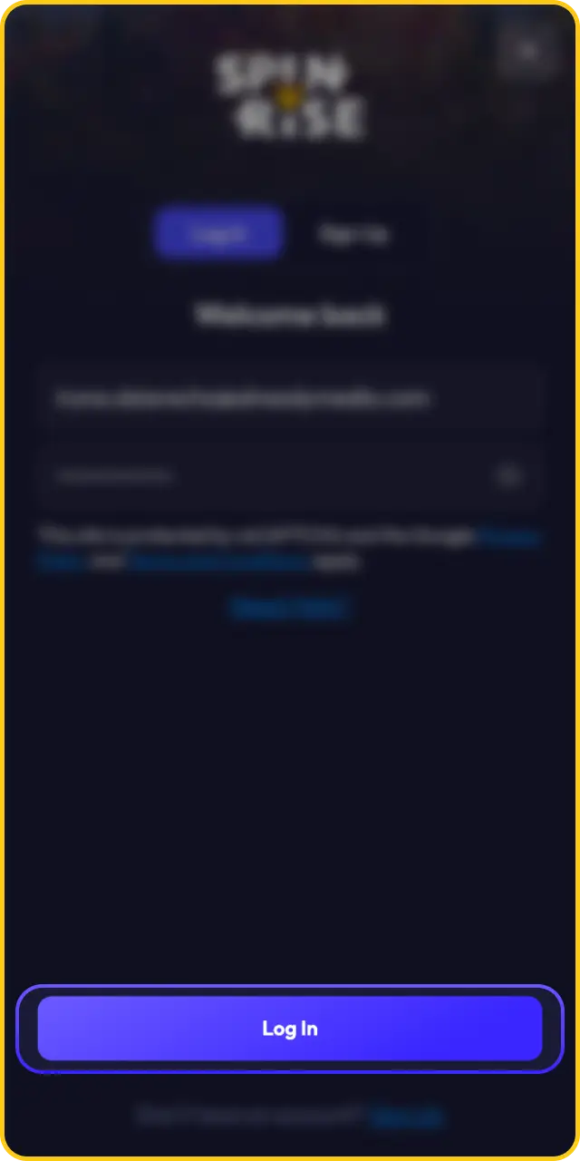Submit your credentials to complete the Spinrise app log in and access games.