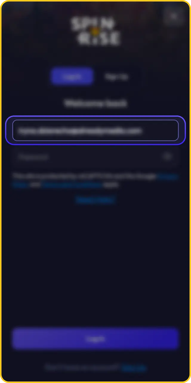 Type your email address to proceed with the Spinrise app log in steps.