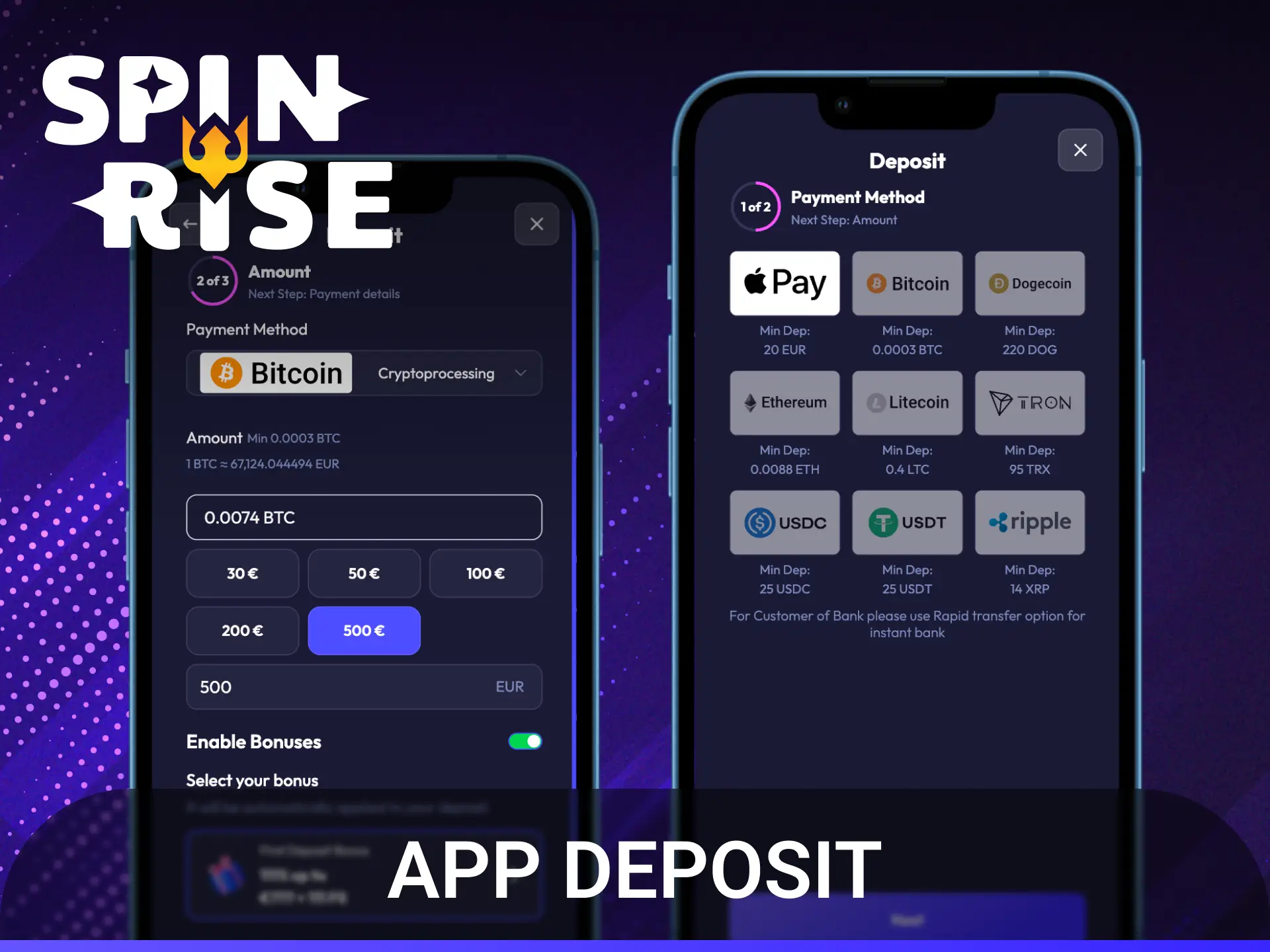Make a fast and secure Spinrise app deposit to fund your gaming balance.