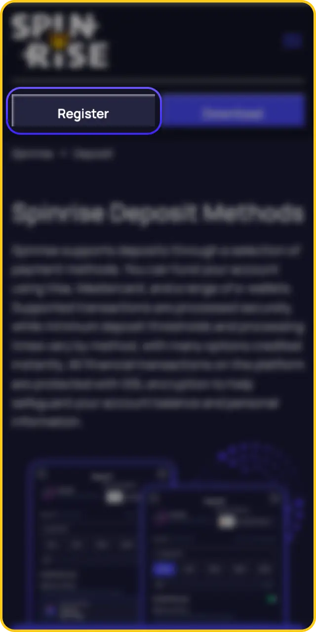 Log in to your profile to begin the Spinrise deposit process safely.