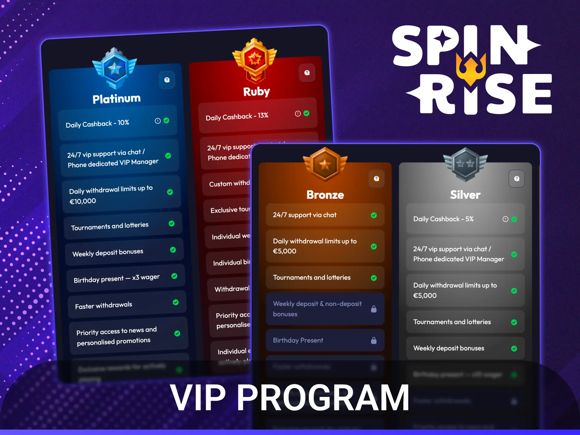 Become a member of the Spinrise VIP program to unlock exclusive player rewards.