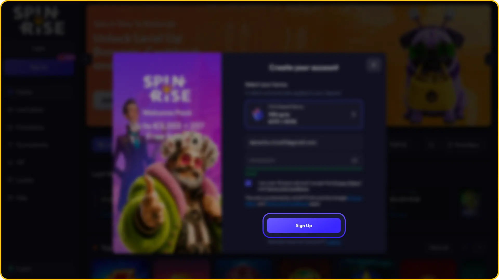 Submit your account form to finalize your Spinrise registration and start playing.