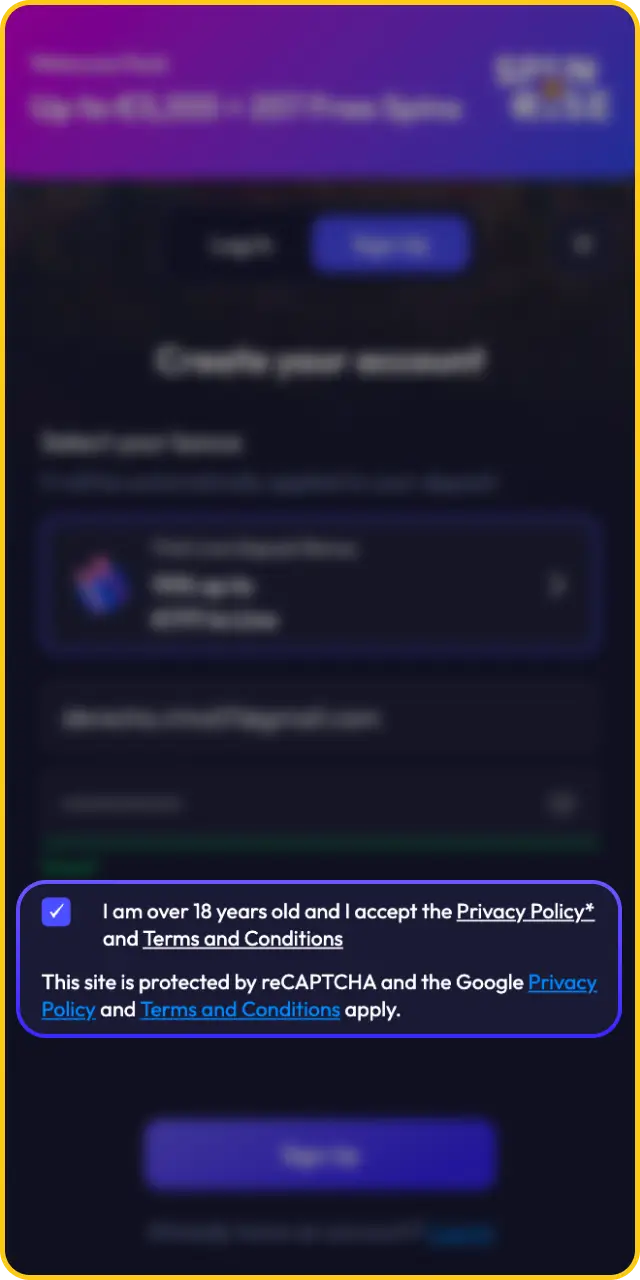 Agree to the terms and verify your legal age for Spinrise app registration.