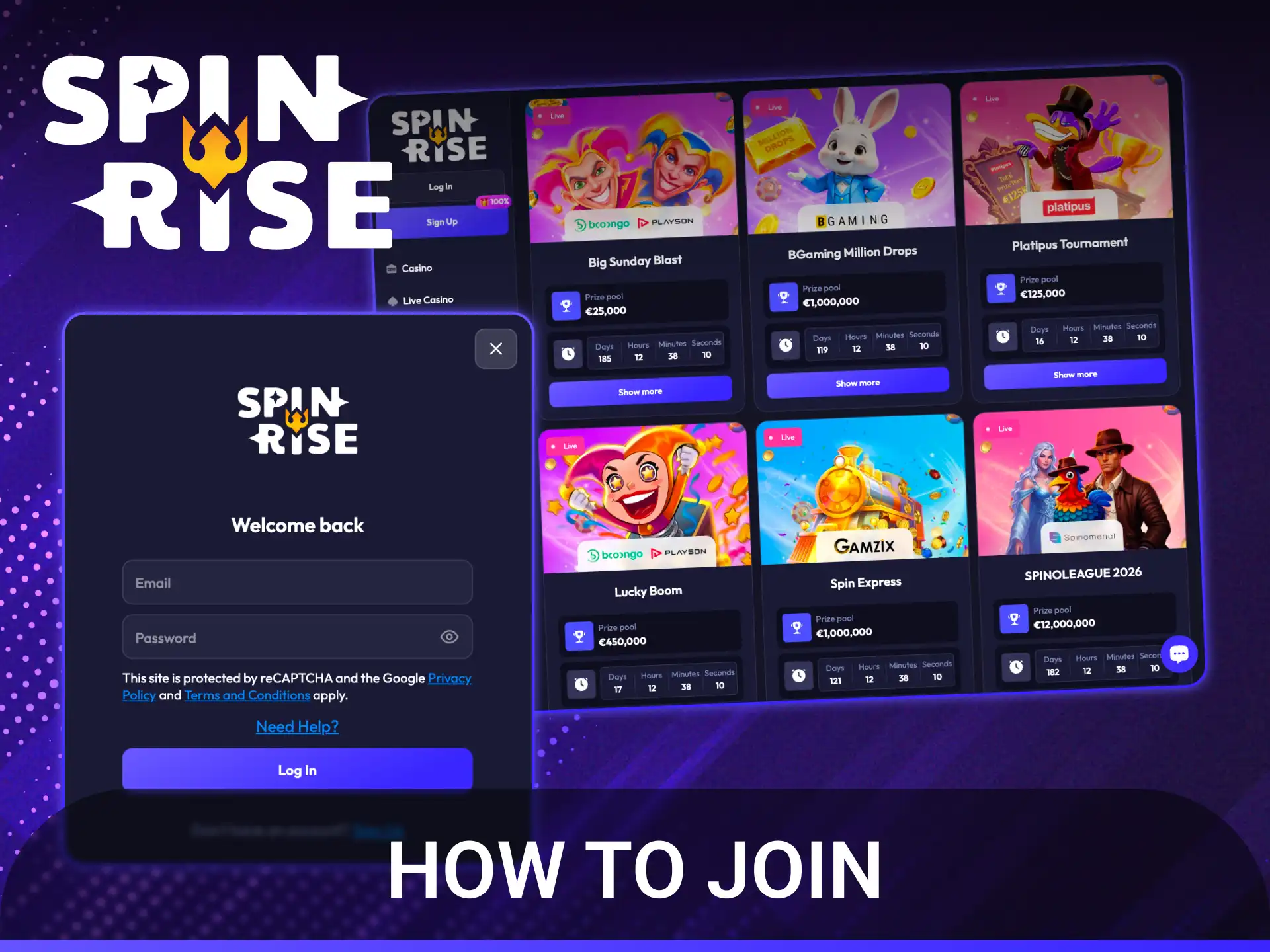 Register now to enter an exciting Spinrise tournament and compete for cash.