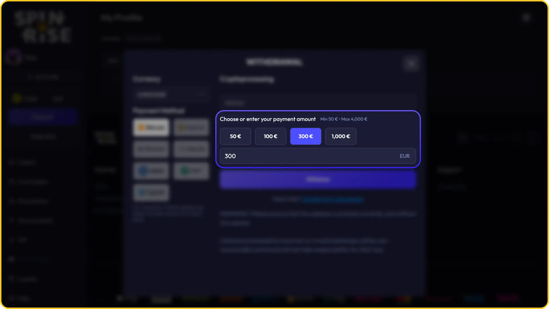 Specify the exact payout sum you wish to cash out in your Spinrise withdrawal.